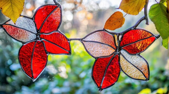 Close-up of a stained glass suncatcher shaped like leaves, with red, white, and amber glass pieces, hanging outdoors with a blurred green and yellow bokeh backg