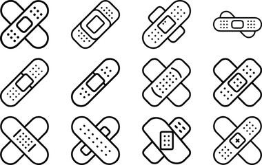 Medical Bandage Icons with Black Outline on White Background illustration