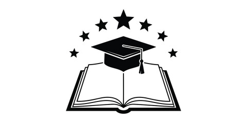 Graduation cap on open book with stars, symbolizing education