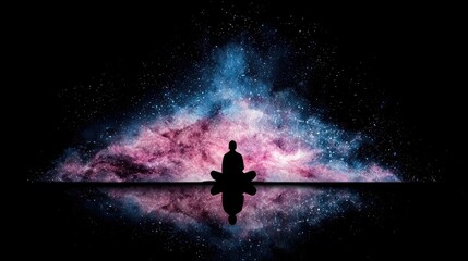 A lone figure in silhouette sits meditating in a lotus position, facing a vast, colorful nebula filled with stars. The scene is dark with a reflective surface b