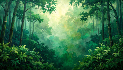 Naklejka premium 竹林と新緑に包まれる幻想的な朝の森