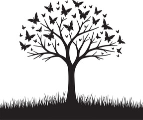 Obraz premium Black silhouette tree with butterflies and grass white