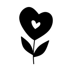Black heart shaped flower with a smaller white heart inside and two leaves