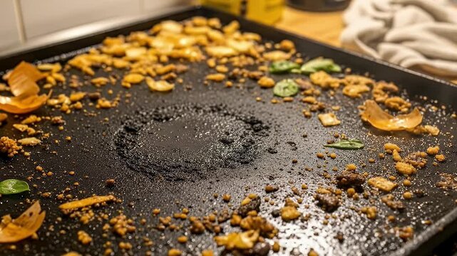 A close-up view captures a textured, black cooking surface covered with the remnants of a recently cooked meal. Scattered food particles, burnt crumbs, and pieces of vegetables, including green leaves