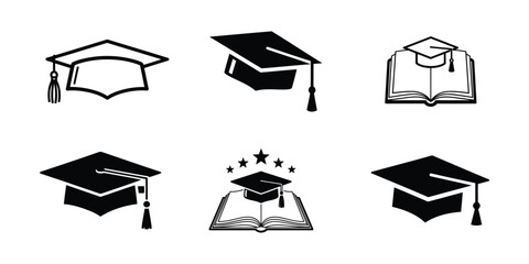 Collection of graduation caps and open books, isolated on