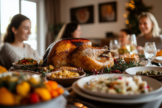A Roasted Turkey Dinner with Family and Friends Enjoying a Holiday Meal