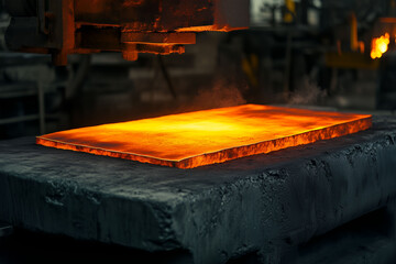 Red hot steel slab, glowing brightly in heavy industry forging process