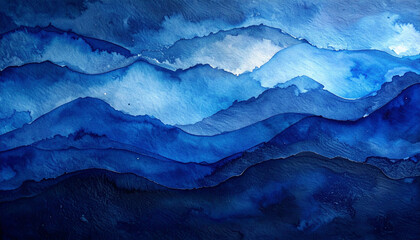 深い青の水彩波が幾重にも重なる海のイメージ