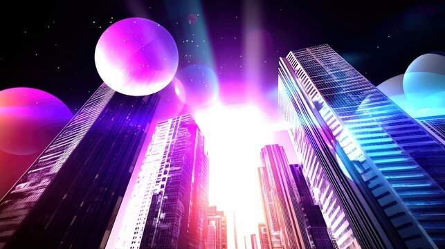 A futuristic cityscape at night, featuring towering skyscrapers illuminated with vibrant neon lights and large, translucent orbs floating in the sky.