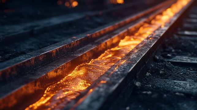 Molten metal flowing in an industrial furnace channel, glowing orange heat