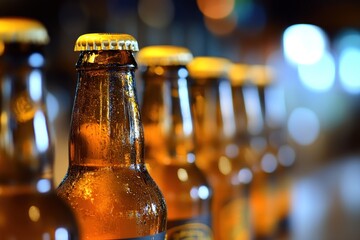 A close-up shot of a row of brown glass beer bottles on a bar counter, with a blurred background of bokeh lights.