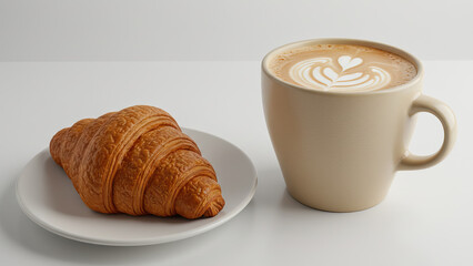 Minimal breakfast setup with a golden croissant and a creamy latte in a beige cup, featuring a simple, light, and airy aesthetic