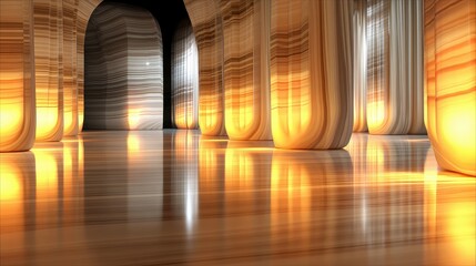 An abstract, digitally rendered interior space featuring a polished, reflective floor and a series of tall, striped columns. Warm, golden light illuminates the