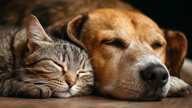 Close-up dog checking cat comfort before resting head down, responsible travel companionship editorial, cat and dog travel