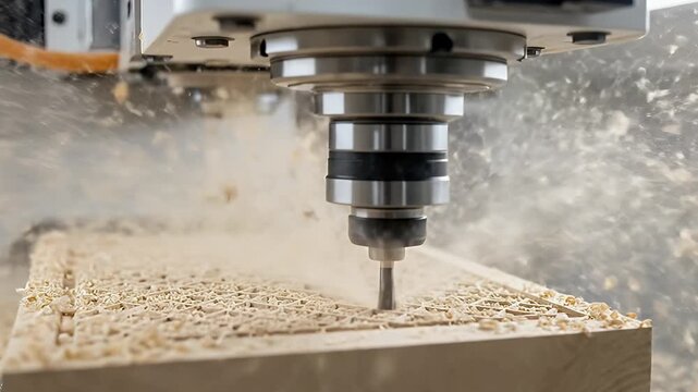 A close-up view captures an advanced automated CNC router machine meticulously carving intricate patterns into a light-colored wooden workpiece. Fine sawdust and wood chips dramatically fly upwards an