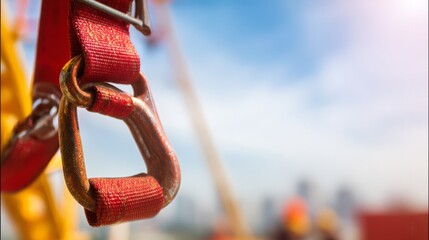carabiner. A detailed shot of a safety harness against a blurred sky with a focused carabiner. mobility guides, transit brochures, designed for transport & logistics marketing.
