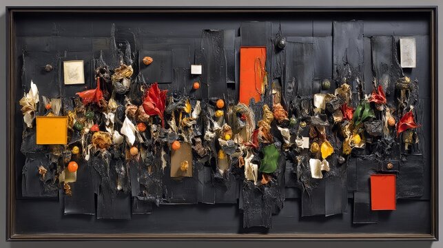 A richly textured abstract artwork featuring a collage of various materials and vibrant color accents against a dark, layered background.