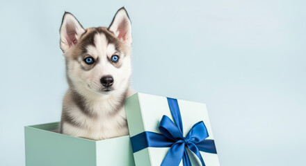 Adorable husky puppy with striking blue eyes peeks out from a beautifully wrapped gift box adorned with a blue ribbon against a soft pastel background