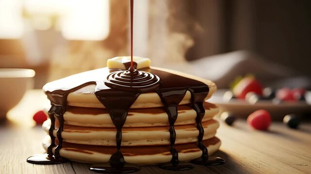 Delicious stack of pancakes with chocolate syrup and butter on a wooden table