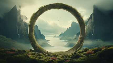 Fototapeta premium Beautiful round nature green lash arch in mountain forest park, concept mother nature path