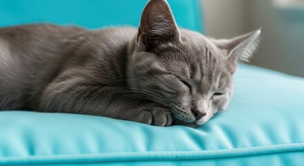 Gray cat peacefully sleeping on a soft turquoise cushion, showcasing its relaxed demeanor and cozy environment, embodying tranquility and comfort in a home setting