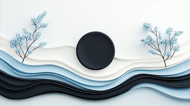 Abstract composition with delicate blue flowers and a dark circular shape set against flowing, layered waves in shades of white, blue, and black. The lighting i - Powered by Adobe
