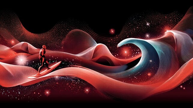 A stylized silhouette of a surfer on a surfboard rides a flowing, abstract wave composed of red and white lines. The background is black with scattered red and