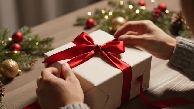 Hands gently unwrap a beautifully decorated Christmas gift box with a vibrant red ribbon, surrounded by festive holiday decorations and warm glowing lights on a wooden table during a cozy evening