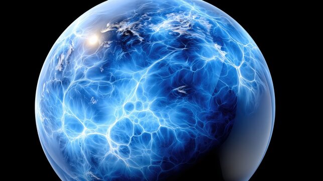 A close-up, abstract view of a blue sphere resembling a planet, with intricate, glowing blue energy patterns and a bright light source on its surface, set again