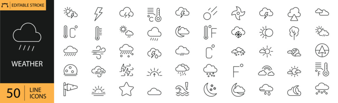 Weather icons set. Includes symbols of sun, clouds, rain, snow, wind, and temperature. Editable stroke. Vector illustration. Outline icons. Perfect for nature, environment, and climate projects.