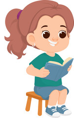 Cartoon Girl Reading a Book on Stool