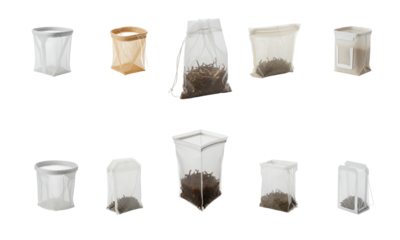 Mesh sachet set for tea, assorted sachet designs for loose leaf brewing in nylon and cotton, square and round forms with drawstrings, sachet shapes stand upright on black, infuser vibe, kitchen style