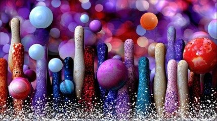 A surreal, abstract scene featuring colorful bowling pin-like shapes and floating spheres against a blurred background of bokeh lights in shades of purple, pink
