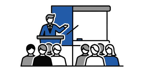 A lecturer is giving a presentation to a group of students