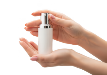 Woman's hands hold a white cosmetic serum dispenser pump with a metallic cap isolated on transparent background