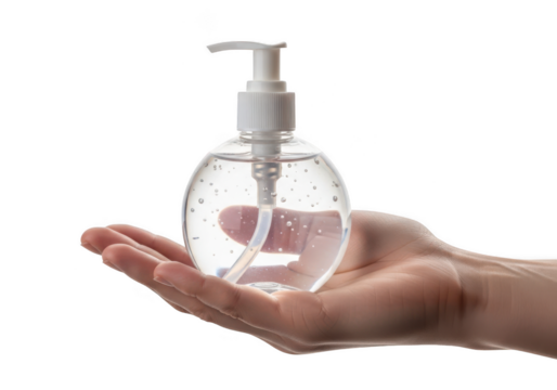Clear hand sanitizer bottle with pump held in a person's open palm, isolated. isolated on transparent background