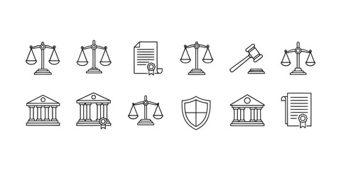 Legal icons set isolated on for justice and law