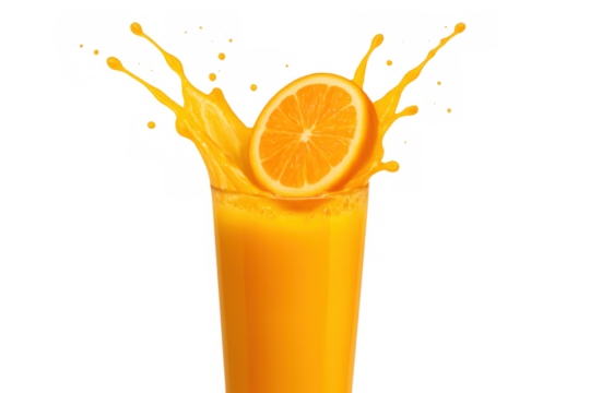 Orange slice splashing into a glass of fresh citrus juice, creating a dynamic liquid explosion, refreshing healthy drink concept