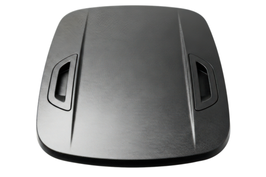 Carbon fiber automotive engine hood with aerodynamic vents isolated on transparent background