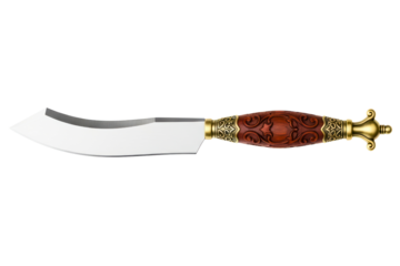 Decorative knife with curved steel blade and carved wood handle isolated on transparent background