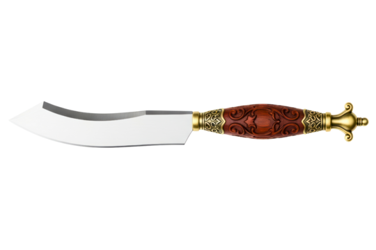 Decorative knife with curved steel blade and carved wood handle isolated on transparent background