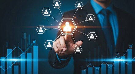 Businessman Touches Glowing Human Icon Network with Blue Graph Overlay