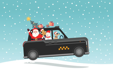 Christmas Greeting card Cute Santa Claus and Snowman on British Taxi car