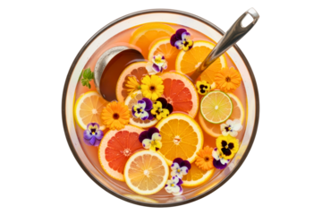 Top view of fruit punch bowl with citrus slices and edible flowers isolated on transparent background