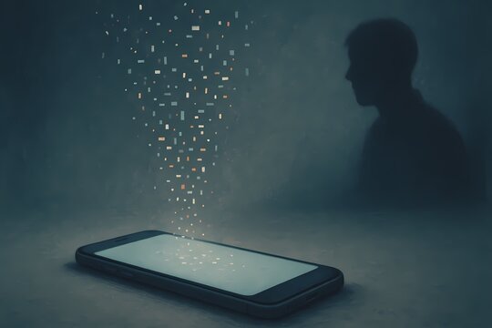 An illustration of scattered digital fragments rising from a smartphone with a shadowed figure in the background, symbolizing personal data leakage, privacy risks, and security concerns.