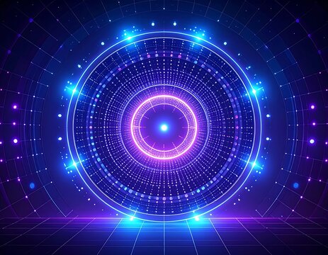 Futuristic digital portal with a neon-lit tunnel and circular design