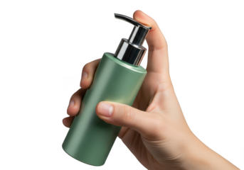 Hand holding a green pump dispenser bottle isolated against a dark background isolated on transparent background