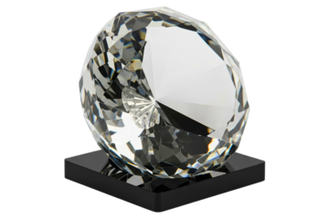 Large faceted crystal award on a sleek black stand isolated on transparent background