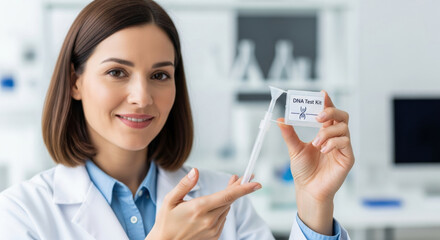 Smiling scientist presents DNA test kit in clinical lab new tool for genetic research and personalized nutrition information. Professional and confident woman
