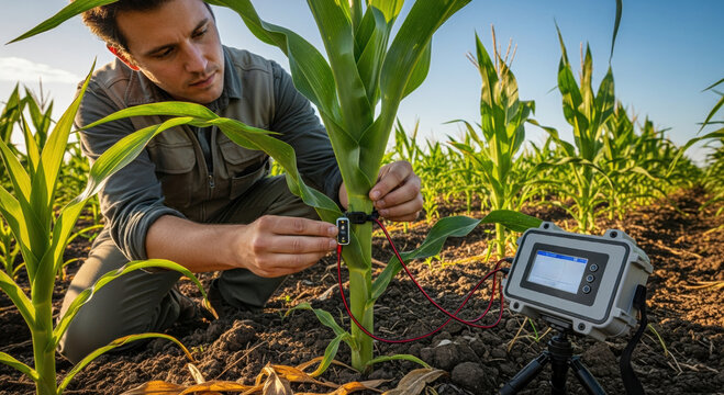 Focused researcher performs clinical study on corn plant nutrition in field lab. He attaches sensor to crop for agriculture technology monitoring and data collection
